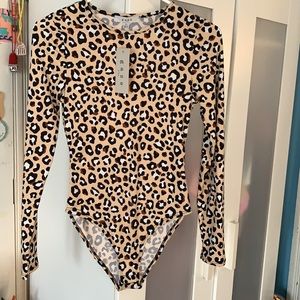 gaze Leopard Print Long Sleeve Bodysuit - Tan, Black, White